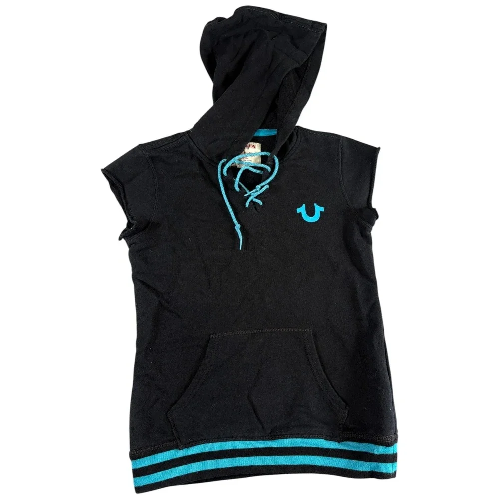 True Religion Hoodie Mens Small Black Turquoise Graphic‎ Y2K Rugged Sleeveless